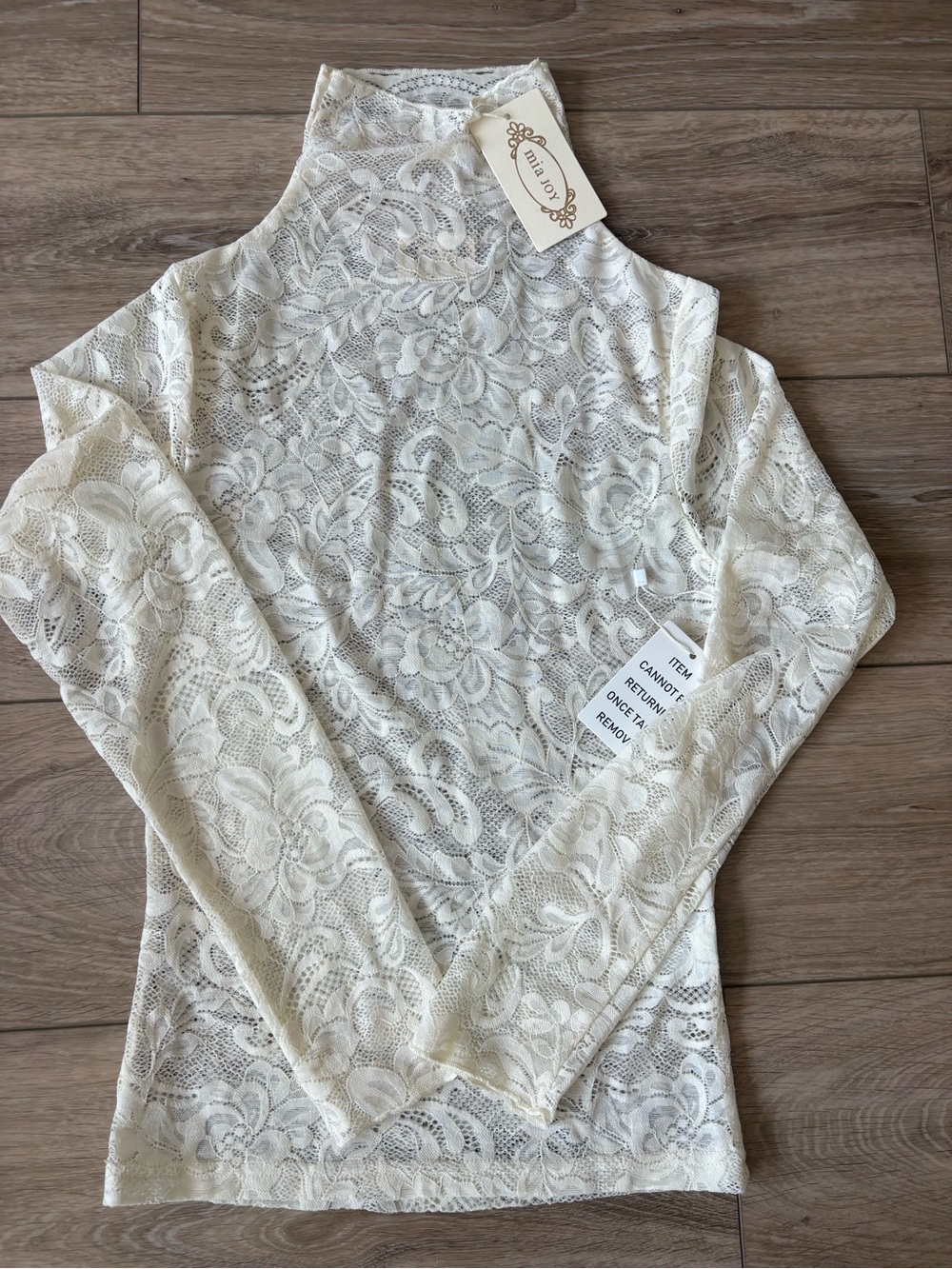Joyfolie Cream Lace Mock-Neck Long Sleeve Top
